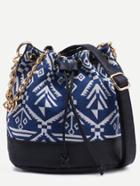 Shein Blue Tribal Print Drawstring Bucket Bag With Chain