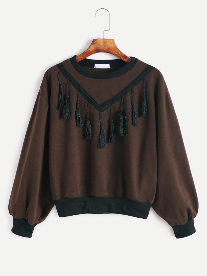 Shein Contrast Ribbed Trim Fringe Sweatshirt