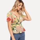 Shein Flower Print Button Front Fitted Top