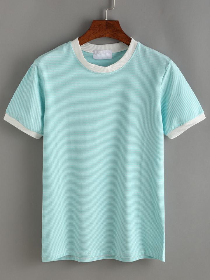 Shein Pale Blue Contrast Striped T-shirt