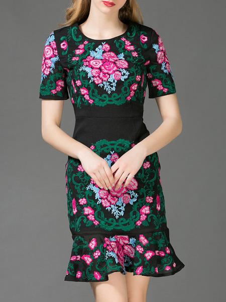 Shein Black Embroidered Sheath Frill Dress