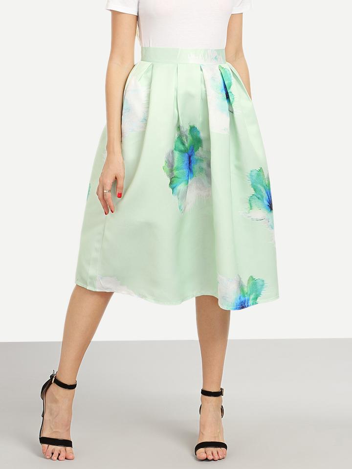 Shein Flower Print Box Pleated Midi Skirt - Mint Green