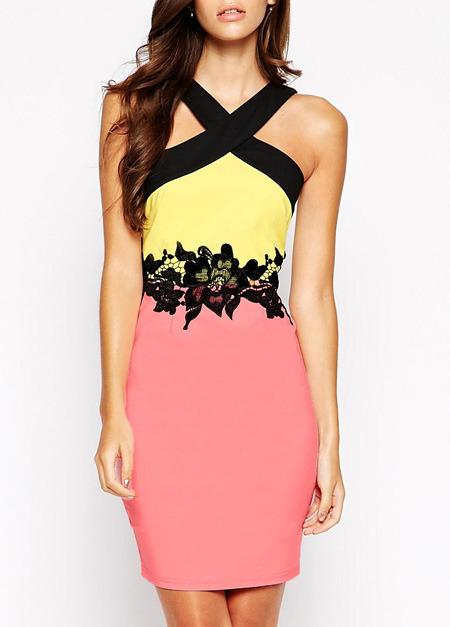 Shein Pink Yellow Sleeveless Color Block Dress