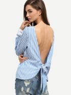 Shein Blue Striped Tie Back Backless Long Sleeve Blouse