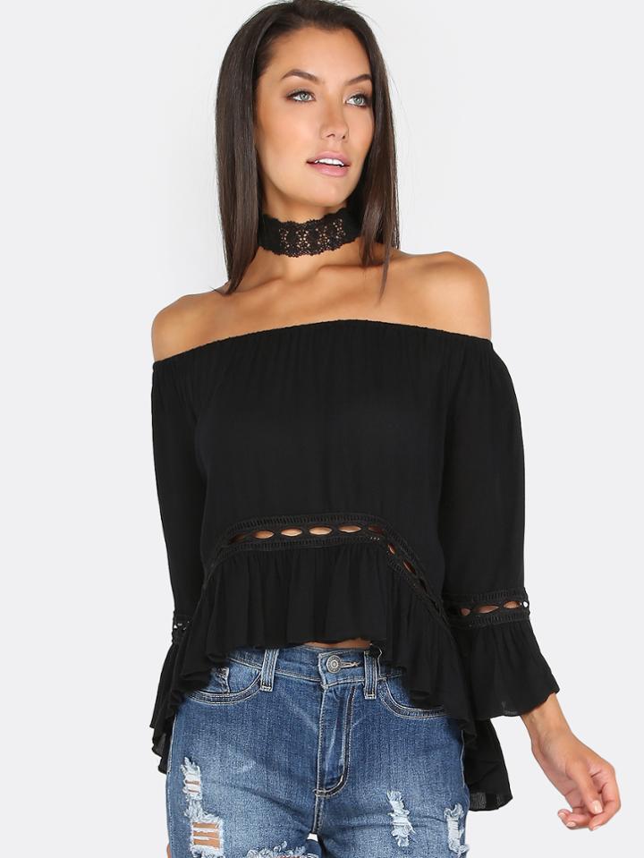 Shein Cut Out Crochet Ruffle Top Black