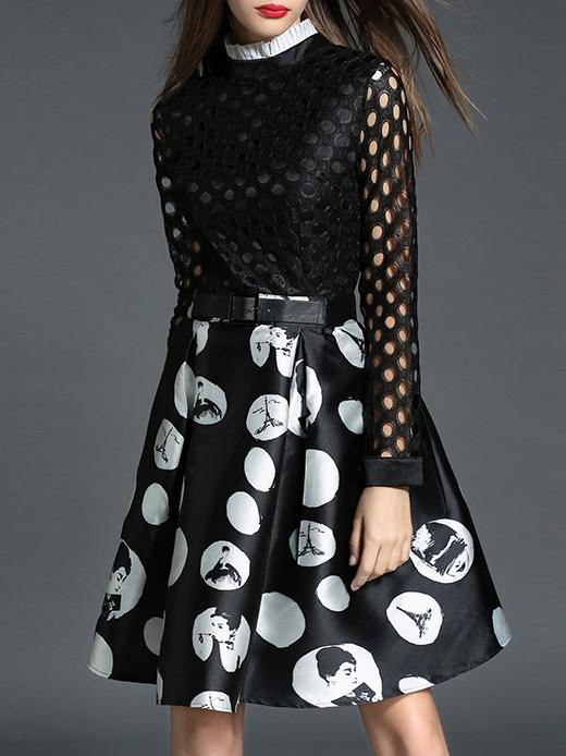 Shein Black Mesh Belted Print A-line Dress