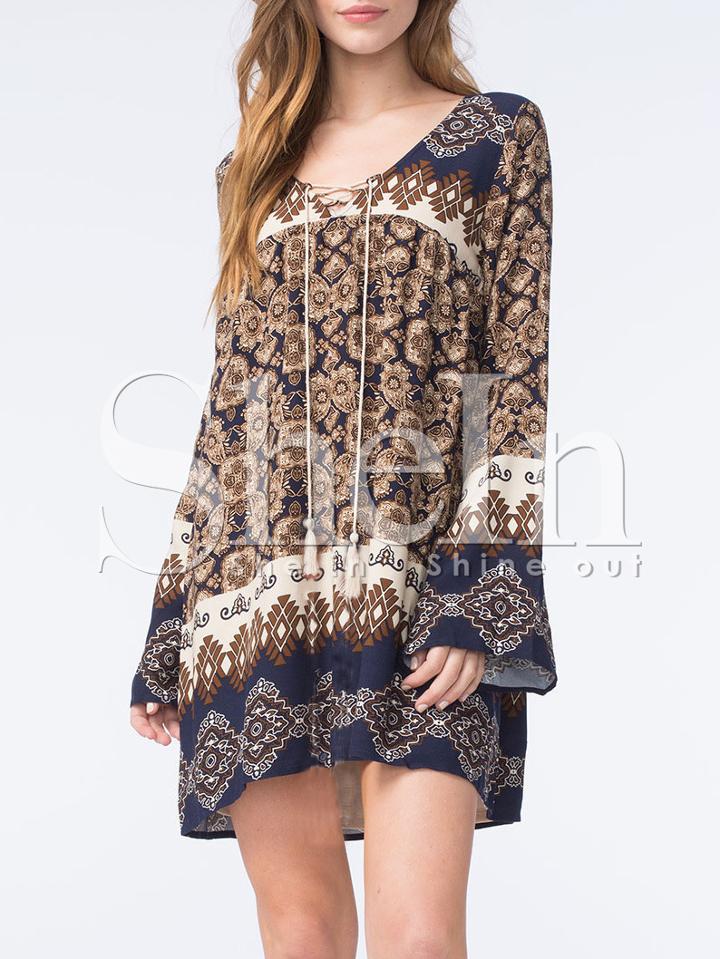 Shein Tribal Print Drawstring Neck Shift Dress