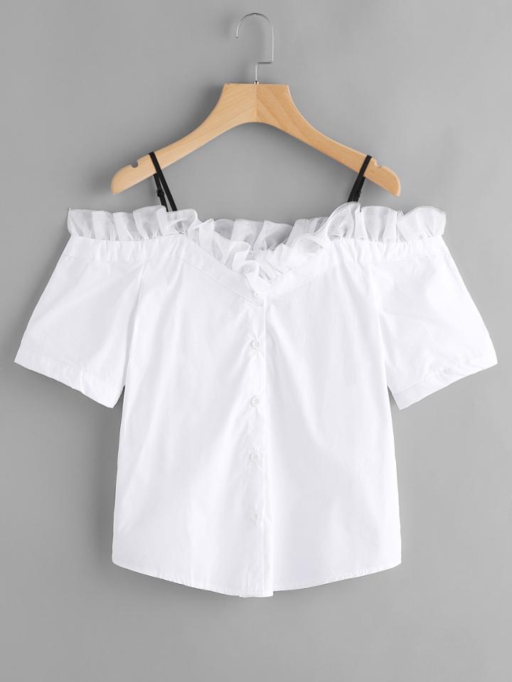 Shein Cold Shoulder Mesh Trim Button Front Top