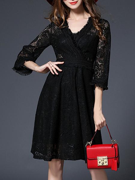 Shein Black V Neck Bell Sleeve Lace Dress