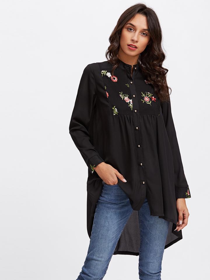 Shein Floral Embroidered Dip Hem Long Shirt