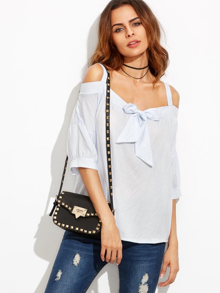 Shein Blue Vertical Striped Cold Shoulder Bow Tie Top