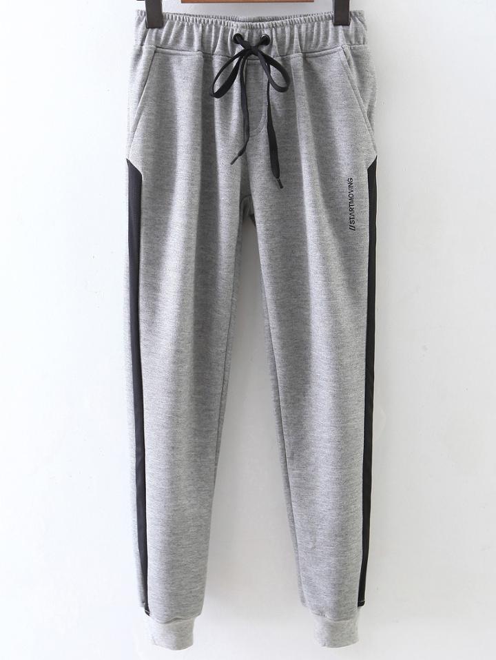 Shein Grey Color Block Ribbed Trim Drawstring Waist Pants