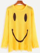 Shein Yellow Smiley Face Print Distressed Sweater