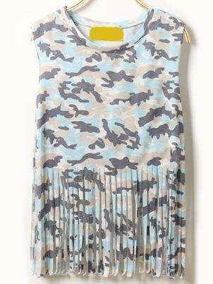 Shein Fringe Blue Camouflage Sleeveless Top