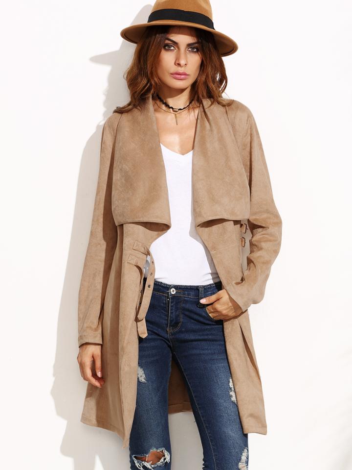 Shein Suede Drape Collar Dual Buckle Strap Coat