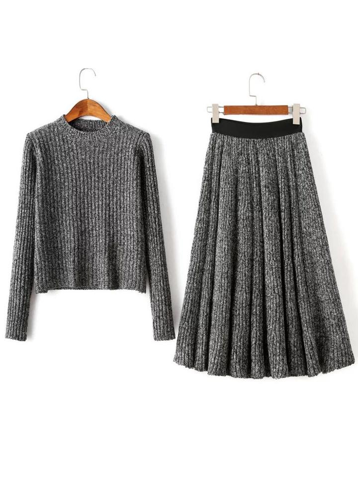Shein Grey Round Neck Ribbed Sweater With Pleated Skirt