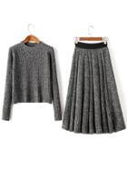 Shein Grey Round Neck Ribbed Sweater With Pleated Skirt