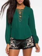 Shein Green Long Sleeve Lace Up Loose Blouse