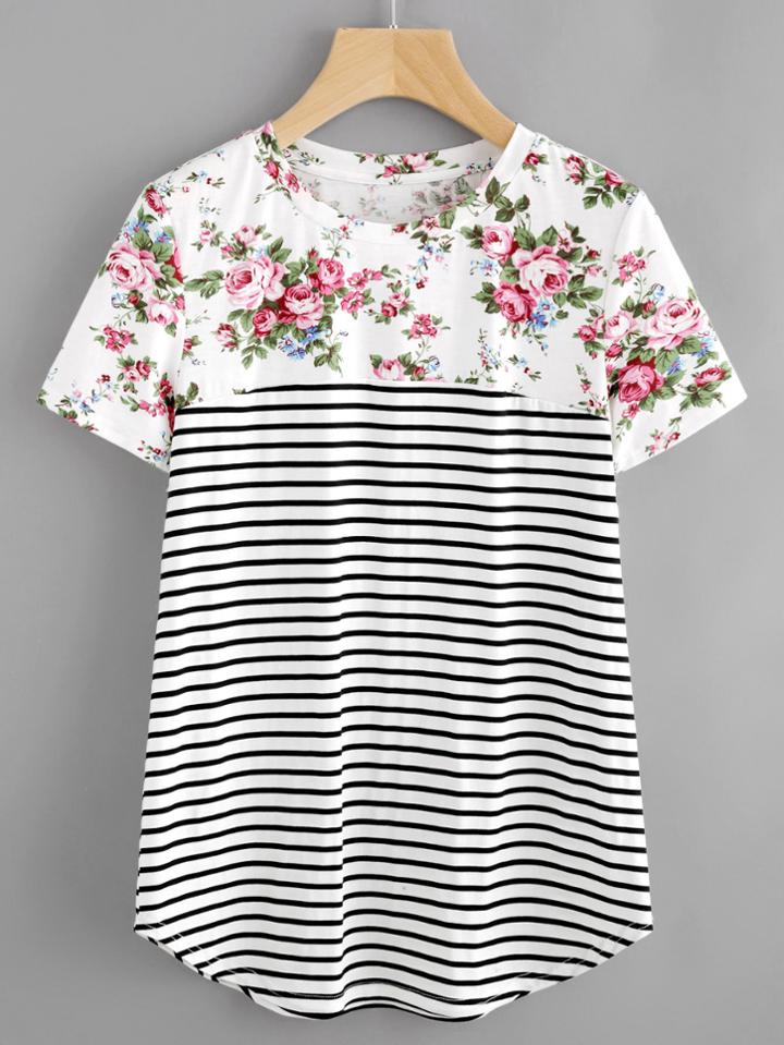 Shein Mixed Print Curved Hem Tee