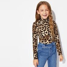Shein Girls Mock-neck Leopard Tee