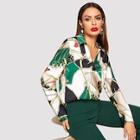Shein Equestrian Print Collared V-neck Satin Top