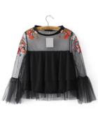 Shein Black Embroidery Bell Cuff Mesh Blouse