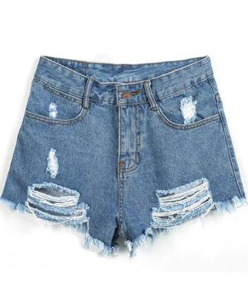 Shein Blue Ripped Fringe Denim Shorts