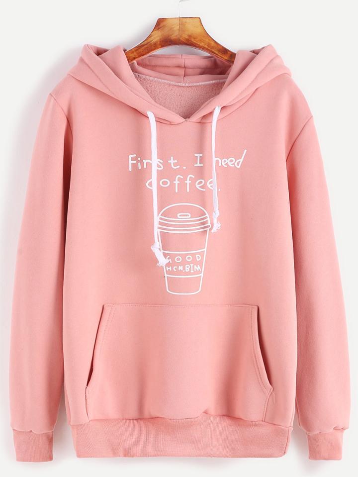 Shein Pink Printed Drawstring Hooded Sweatshirt With Pocket