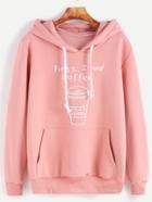 Shein Pink Printed Drawstring Hooded Sweatshirt With Pocket
