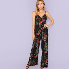 Shein Botanical Print Wide Leg Surplice Wrap Cami Jumpsuit