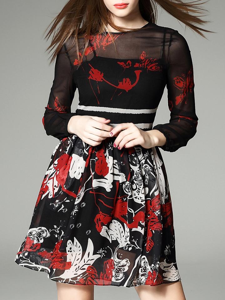 Shein Black Sheer Gauze Print A-line Dress