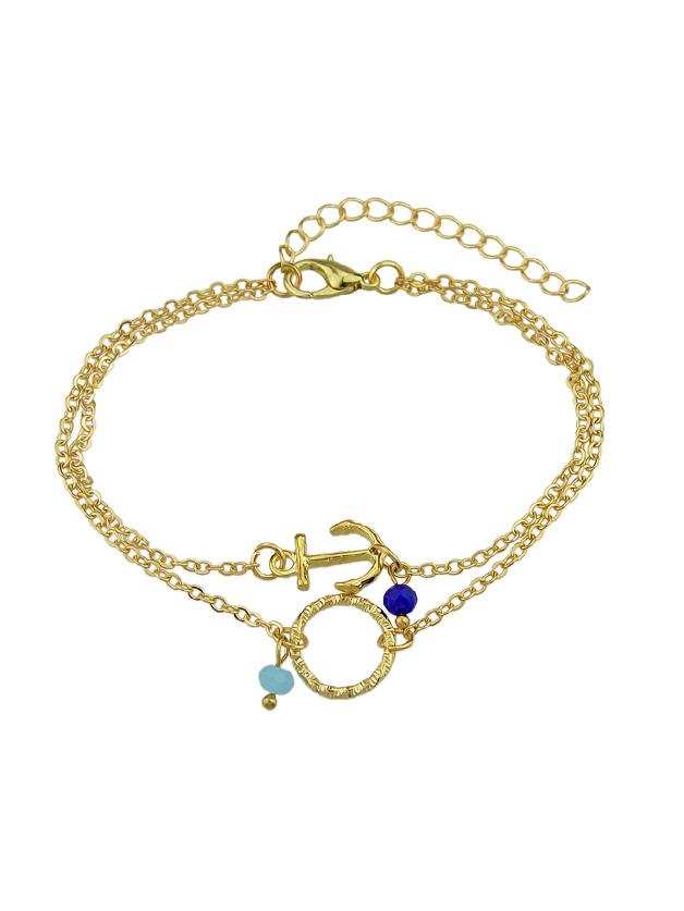 Shein Gold Multi Layers Chain With Anchor Round Shape Charm And Beads Bracelets