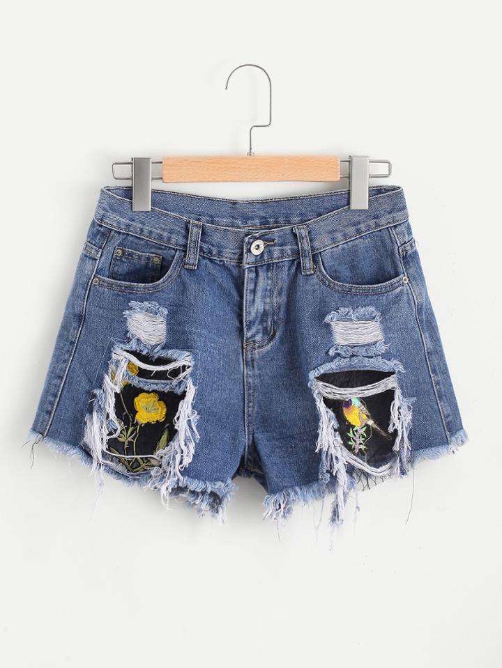 Shein Contrast Grid Mesh Appliques Frayed Hem Denim Shorts