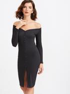 Shein Black Off The Shoulder Button Front Ribbed Bodycon Dress