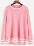 Shein Pink Striped Trim Drop Shoulder Seam Sweater