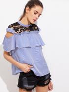 Shein Contrast Crochet Yoke Open Shoulder Striped Flounce Top