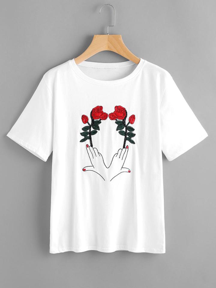 Shein Rose Embroidery Tee