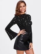 Shein Pearl Embellished Fluted Sleeve Ribbed T-shirt