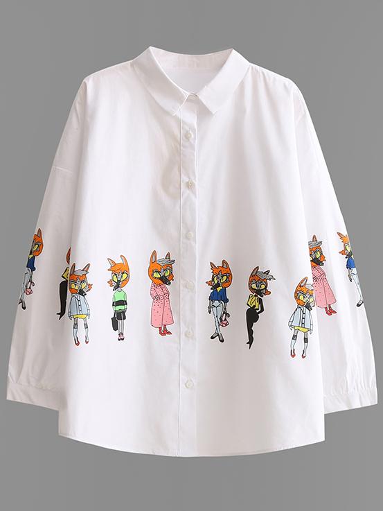 Shein White Cartoon Print Blouse With Buttons