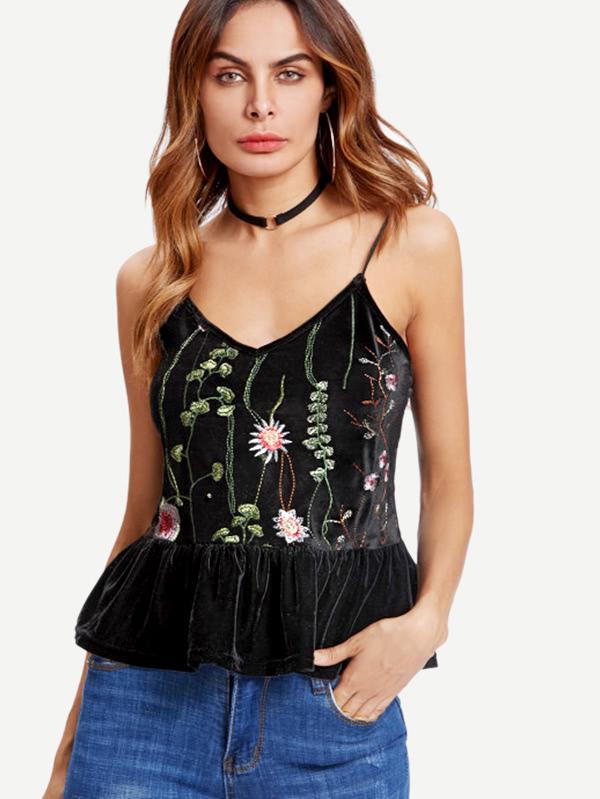 Shein Botanical Embroidered Frilled Velvet Cami Top
