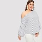 Shein Plus Asymmetric Shoulder Gathered Sleeve Pinstripe Top