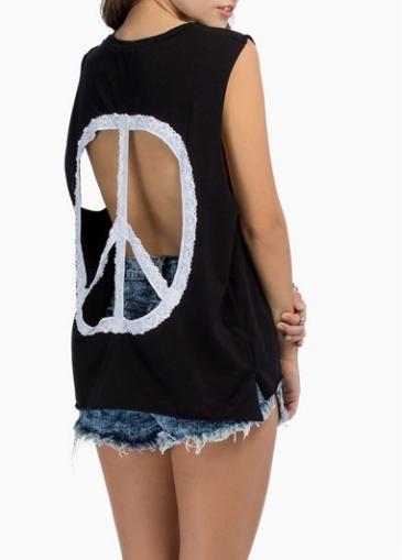 Rosewe Trendy Round Neck Sleeveless Hollow Design Black T Shirt