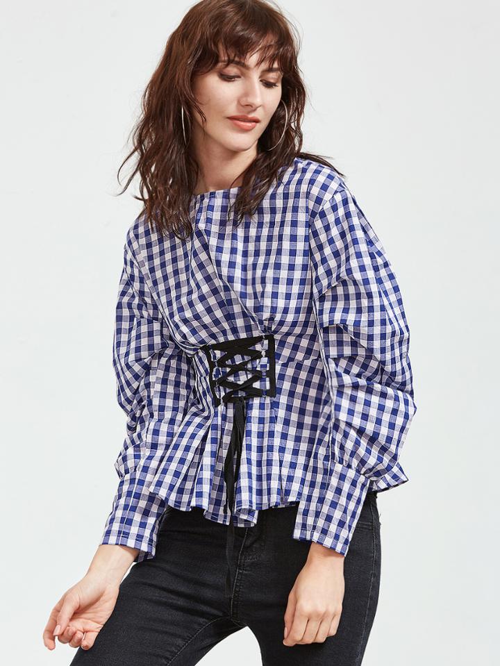 Shein Blue Checkered Puff Sleeve Lace Up Front Top
