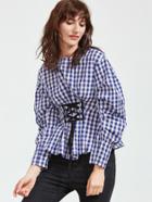 Shein Blue Checkered Puff Sleeve Lace Up Front Top