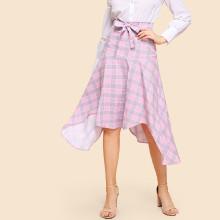 Shein Asymmetrical Hem Tie Waist Plaid Skirt