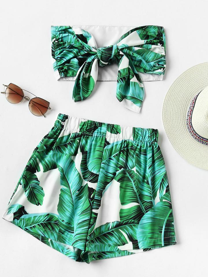 Shein Leaf Print Random Bow Tie Crop Bandeau Top With Shorts