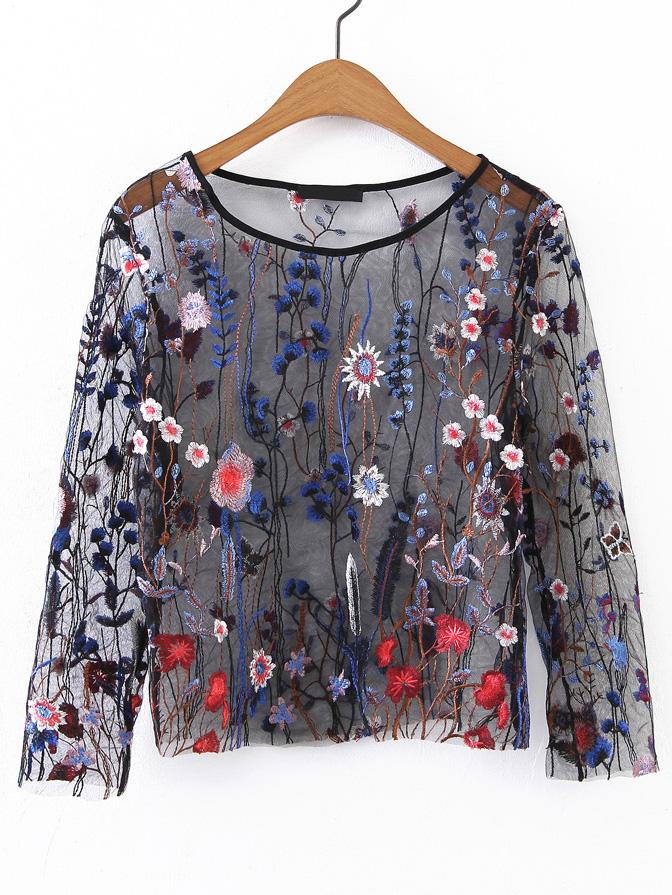 Shein Embroidery Sheer Mesh Top