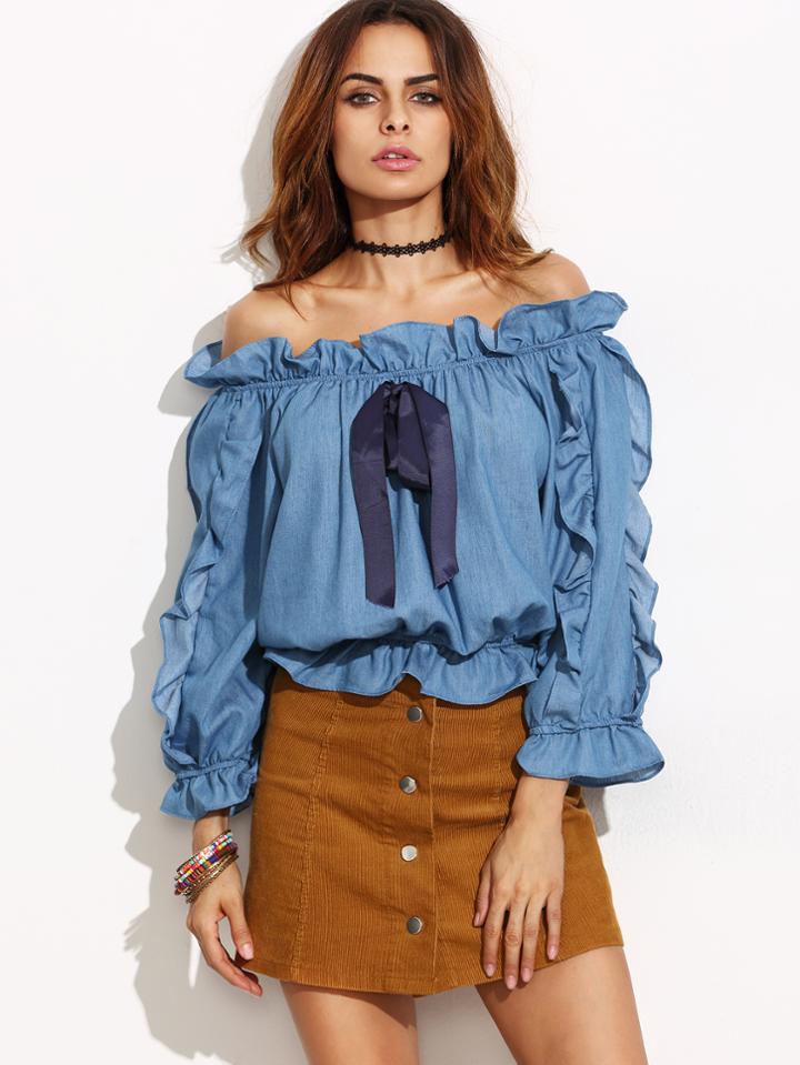 Shein Blue Lantern Sleeve Bow Tie Ruffle Top