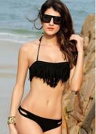 Rosewe Stylish Black Tassel Decoration Lace Up Bikini Set