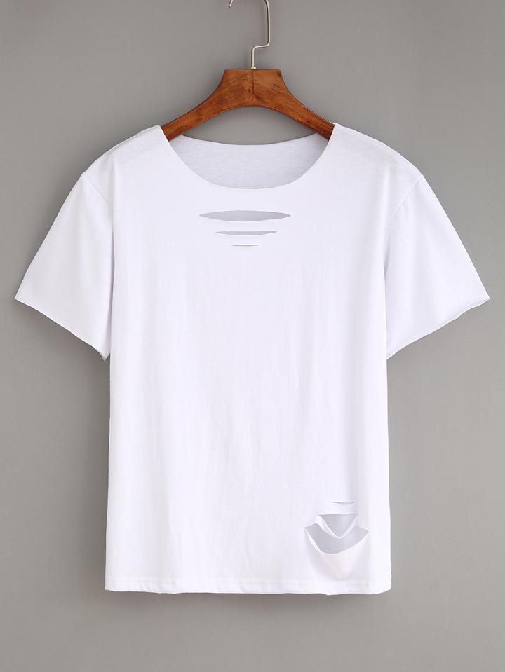 Shein Ripped Plain White T-shirt